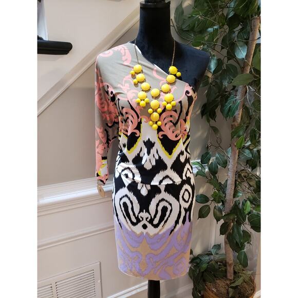 Tibi Knee Length Dress Womens Size Medium Multicolor Geometric One Shoulder Off - Picture 2 of 14